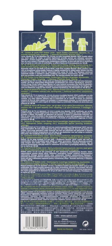 Achterkant van de verpakking van het Opinel Outdoor Junior mes met productinformatie en tekst in meerdere talen.
