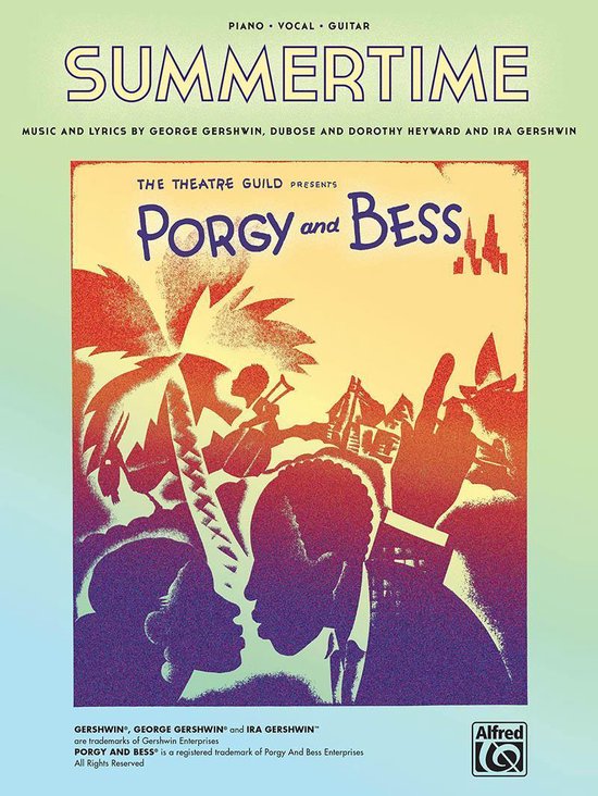 Bladmuziek voor Summertime uit Porgy and Bess, met illustratie van silhouetten van mensen en gebouwen.