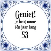 Verjaardag Tegeltje met Spreuk (53 jaar: Geniet! je bent maar één jaar 53! + cadeau verpakking & plakhanger