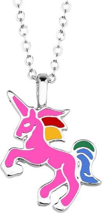 Zilverkleurige kinderketting met een roze eenhoorn hanger met regenboogkleurige manen en staart.