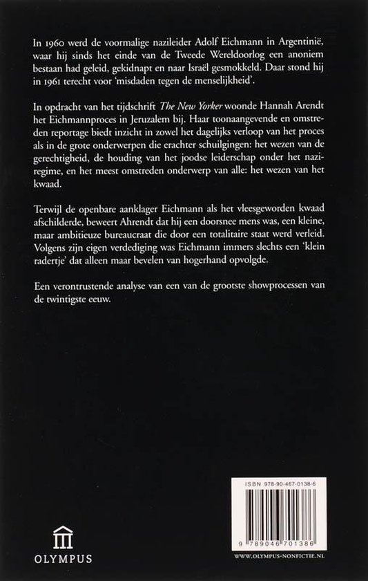 Zwarte achterkant van het boek met witte tekst over het Eichmann-proces, inclusief ISBN-barcode en Olympus-logo.