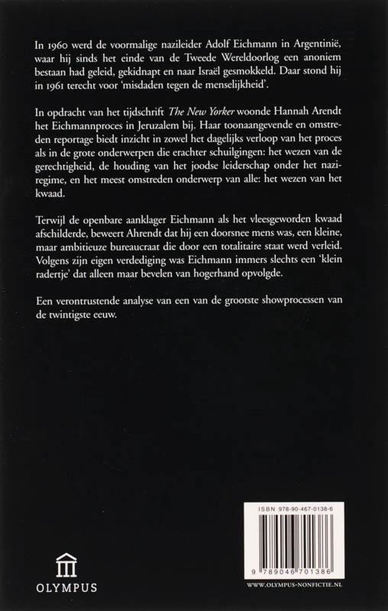 Zwarte achterkant van het boek met witte tekst over het Eichmann-proces, inclusief ISBN-barcode en Olympus-logo.