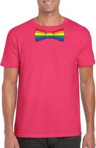 Roze t-shirt met regenboog vlag strikje heren XL