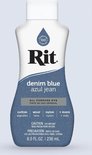 Fles Rit Denim Blue (denimblauw) met een denimtextuur op het label, met de tekst 'All Purpose Dye'.