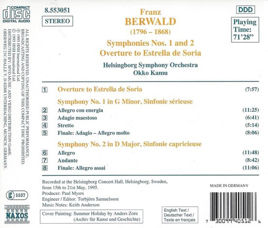 CD hoes met tekst over Franz Berwald's symfonieën, uitgevoerd door het Helsingborg Symphony Orchestra onder leiding van Okko Kamu. Vermeldt "Summer Holiday" als cover painting.