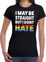 I may be straight but i dont hate -  gay pride t-shirt zwart met regenboog tekst voor dames - lgbt kleding XL