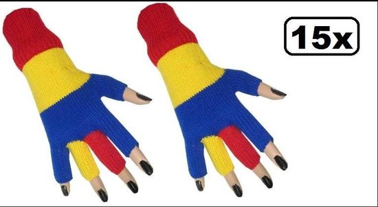 15x Paar Vingerloze Handschoenen Rood Geel Blauw