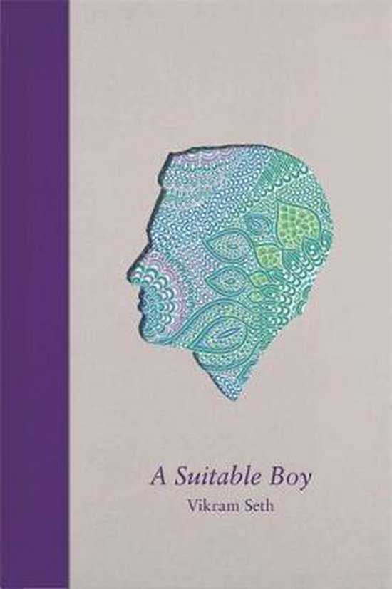 Livre "A Suitable Boy" de Vikram Seth. Profil d'un homme orné d'un motif complexe de dessins ressemblant à des mandalas violets et verts.