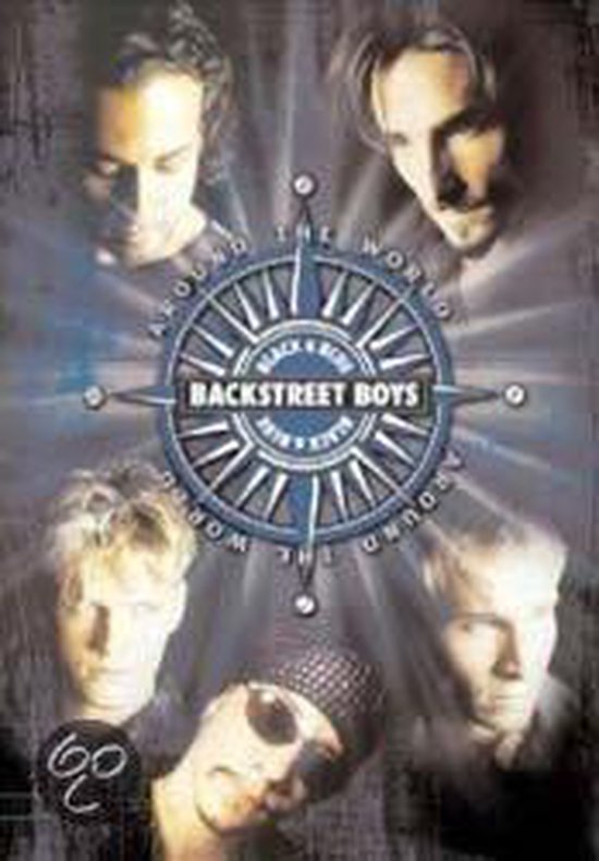 Vijf Backstreet Boys leden om een kompas heen, met tekst "Around the World, Black & Blue".