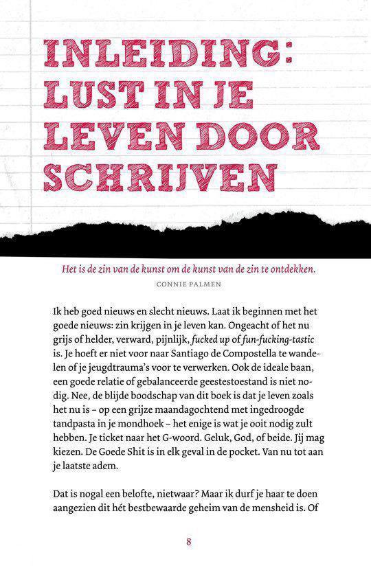 Boekomslag met de titel ' Inleiding: Lust in je leven door schrijven ' in grote, rode letters.