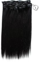 Clip in Extensions, 100% Human Hair Straight, 45cm, kleur #1 Jetblack/diep zwart