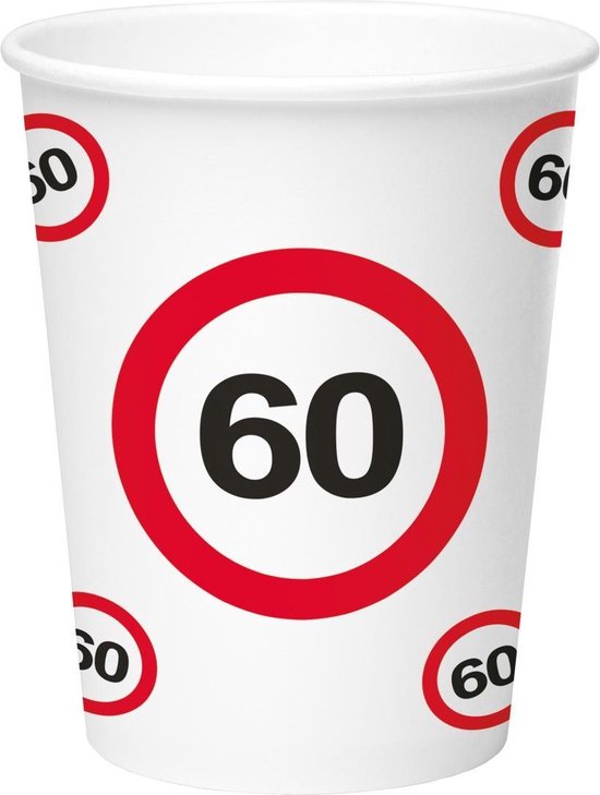 60 Jaar Verkeersbord Papieren Bekers 350ml - 8 stuks