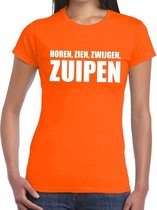 Horen Zien Zwijgen Zuipen tekst t-shirt oranje dames - dames shirt Horen Zien Zwijgen Zuipen - oranje kleding 2XL