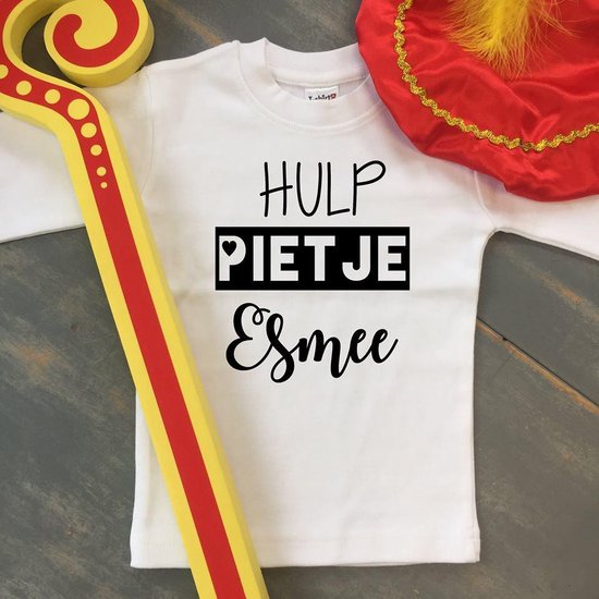Merkloos Shirtje Hulp pietje met naam van Hulppietje | Lange mouw | wit met zwarte letters | maat 86 Baby T-shirt 86