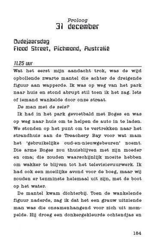 Tekstpagina uit een boek met de titel 'Proloog 31 december' en beschrijving van een strand.