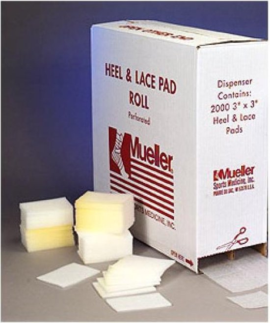Mueller Heel & Lace Pads | inhoud: 2000 stuks | afmeting 1 mm dik, 7,6 cm x 7,6 cm (incl. dispenser)