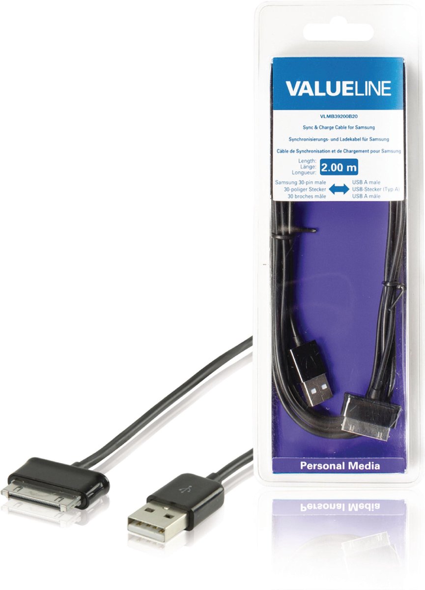 Valueline VLMB39200B20 Sync & Charge-kabel voor Samsung 30-pins Mannelijk - Usb A Mannelijk Zwart 2,00 M - Valueline
