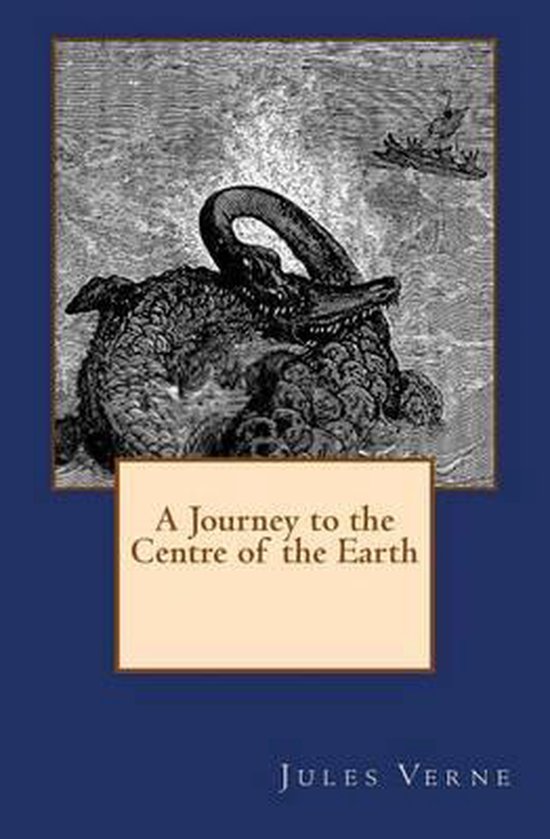 Boekomslag van 'A Journey to the Centre of the Earth' met een zeemonster dat een schip aanvalt.