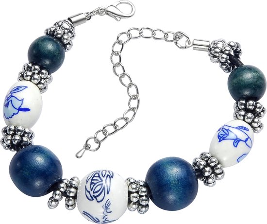 Behave ® - armband dames met delfts blauwe en houten kralen | bol.com