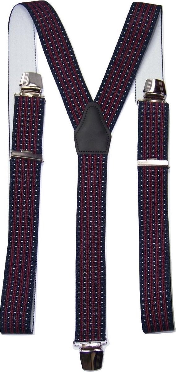 Bretels - Heren - Brede clip - Donkerblauw- wit-rood - Motief - Flores Leather design