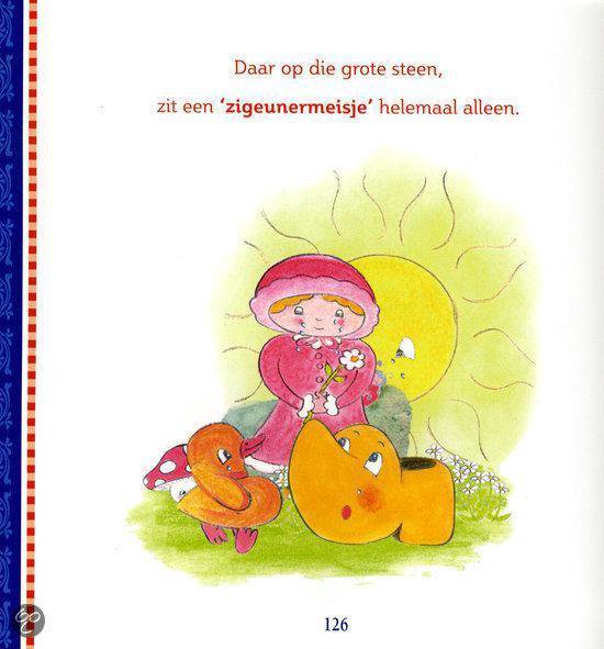 Een meisje in roze kleding met een bloem zit naast een gele klomp. Een eendje en een paddestoel staan in de buurt.