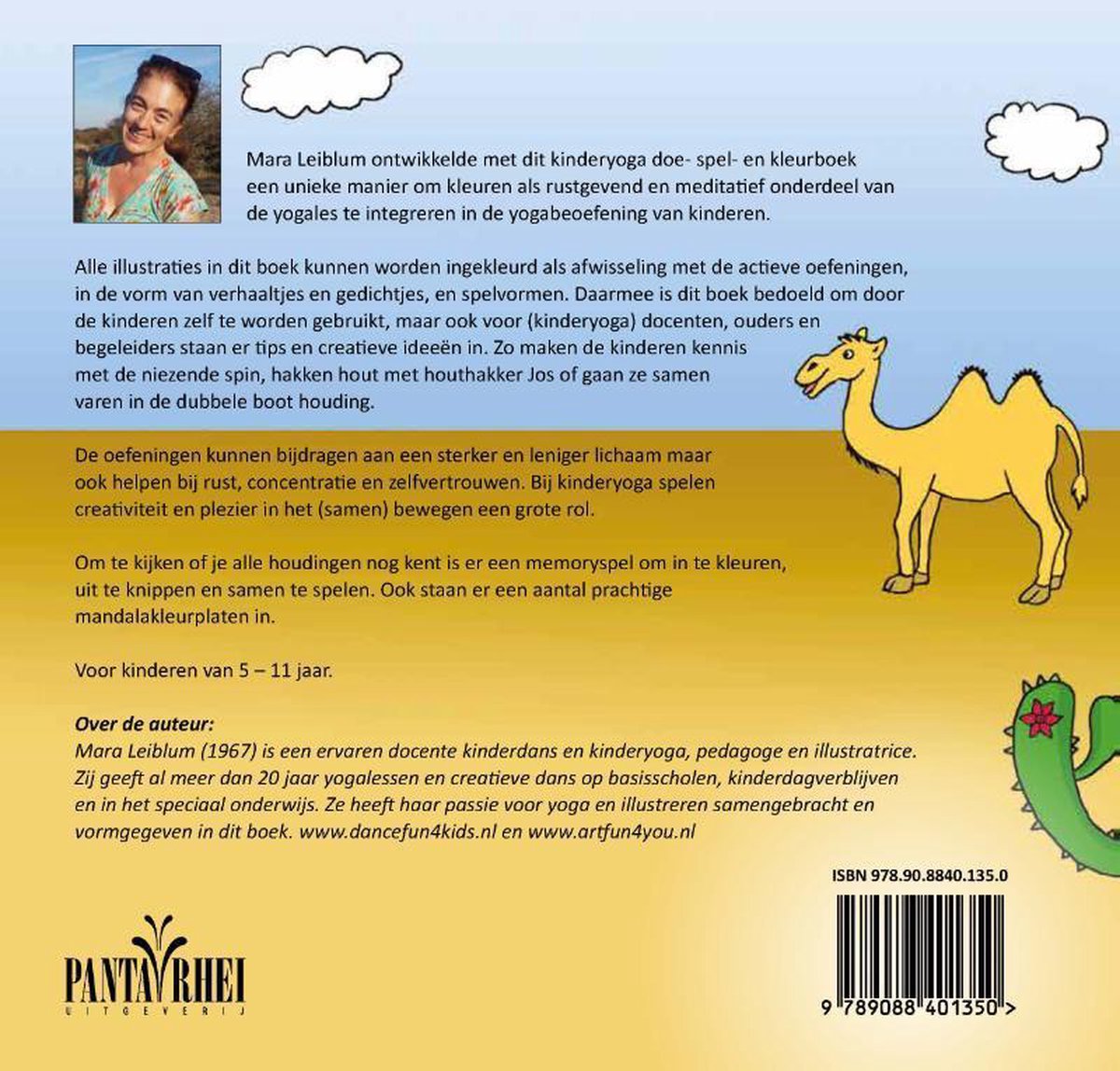 Boekomslag met tekst over kinderyoga en illustraties van een vrouw en een kameel.