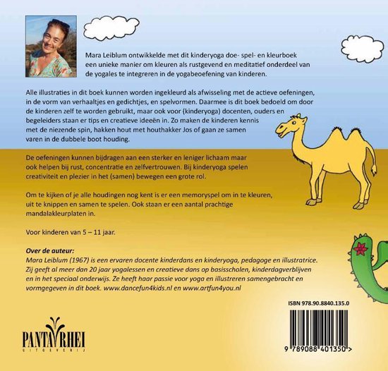 Boekomslag met tekst over kinderyoga en illustraties van een vrouw en een kameel.