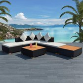 Loungeset poly rattan HKC blad zwart 16-delig  (incl. Fleecedeken)