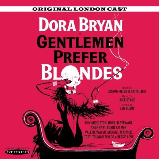 Albumhoes 'Gentlemen Prefer Blondes' met roze achtergrond, titel en cast in witte letters. Een gestileerde vrouw met sigarettenhouder zit op een bankje.
