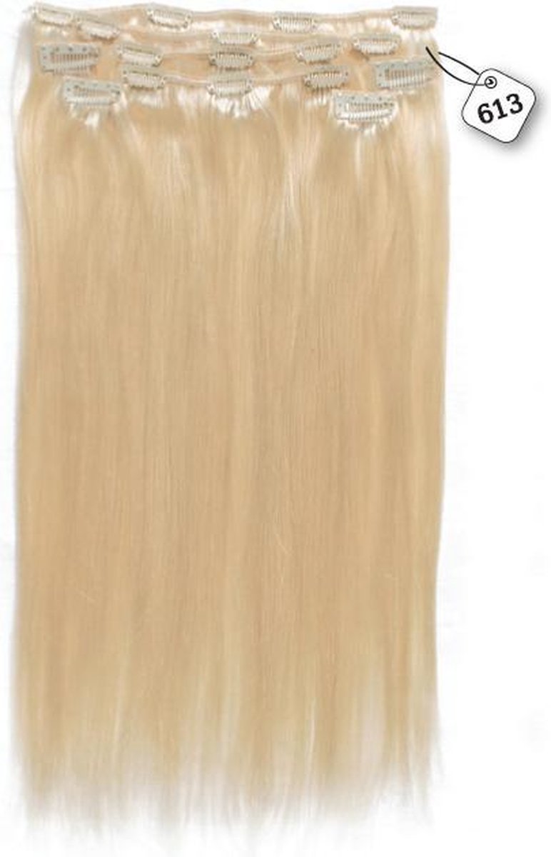Clip in Extensions, 100% Human Hair Straight, 18 inch, kleur #613 Light Blonde