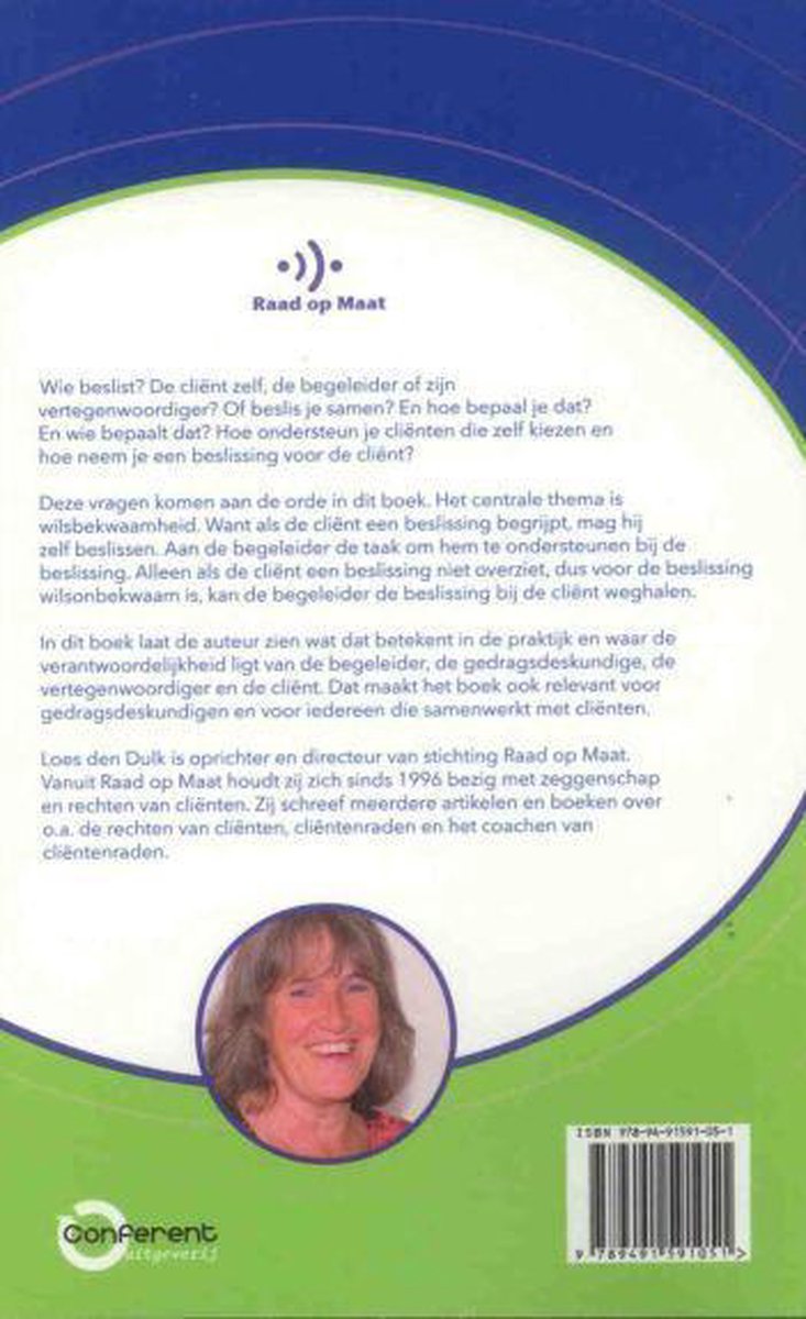 Achterkant boek met portret van Loes den Dulk en tekst over haar expertise.