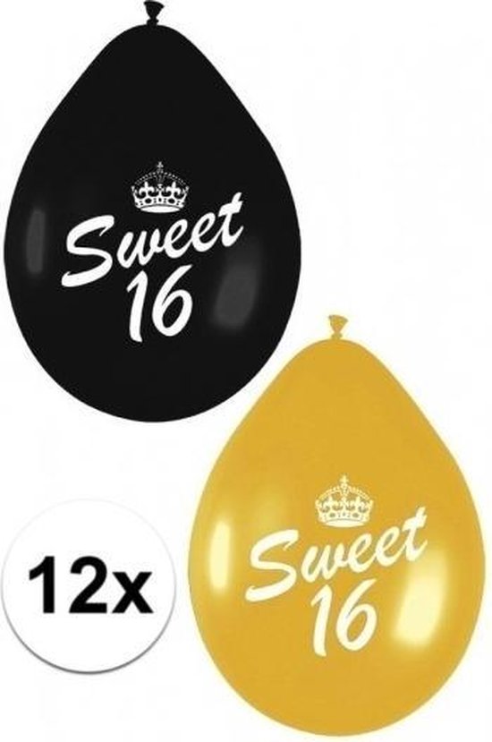 12x Sweet Sixteen themafeest ballonnen zwart/goud - Feestartikelen leeftijd 16