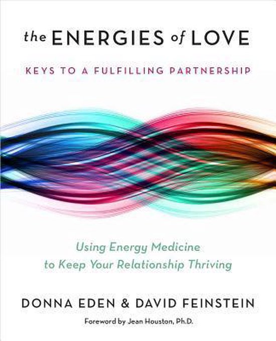Boek 'The Energies of Love' met abstracte golvende lijnen in regenboogkleuren en tekst.