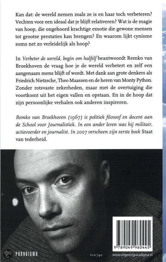 Achterkant van het boek 'Verbeter de wereld, begin om halfelf' met een foto van de auteur.
