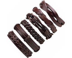 Fako Bijoux® - Leren Armband - Leder - Set Deluxe - 6 Stuks - Bruin