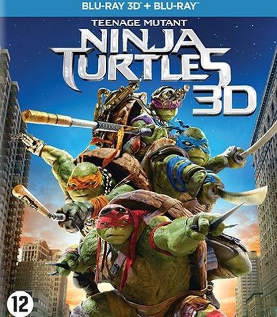 De Teenage Mutant Ninja Turtles in 3D Blu-ray verpakking, met de vier schildpadden die dreigend in beeld komen op de achtergrond van een stadsgezicht.