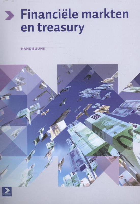 Omslag van een boek getiteld 'Financiële markten en treasury' met eurobiljetten op de achtergrond.