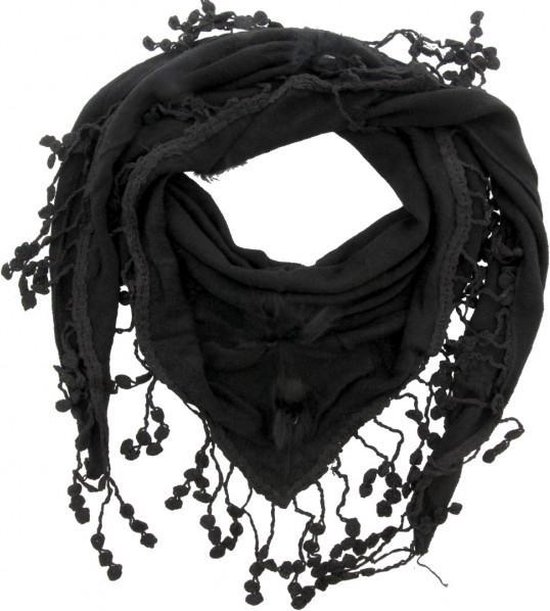 Zwarte driehoek shawl met bont bolletjes erop. Aan de rand van de shawl  hangen... | bol.com
