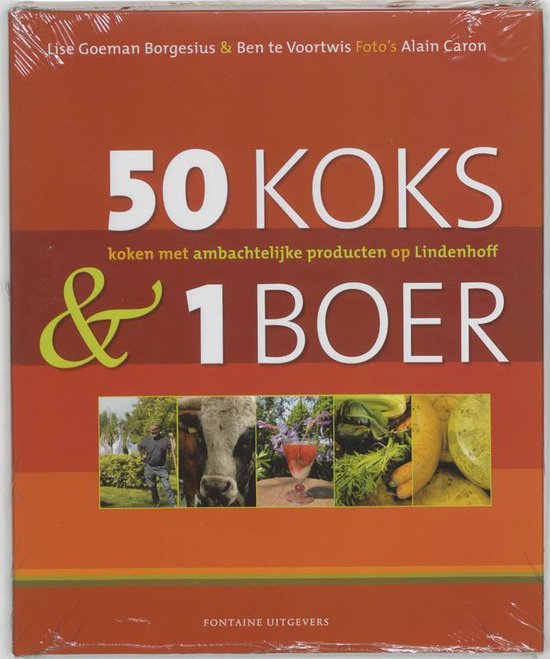 Boek "50 Koks & 1 Boer" met foto's van boer, koe, drankje en groenten op een oranje achtergrond.