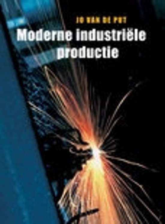 Boek met de titel Moderne industriële productie, met een vonkenregen op de voorgrond.