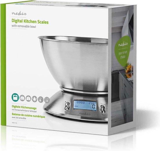 Nedis Métal Numérique Balance de Cuisine En Acier Inoxydable LCD Affichage Température et Réveil