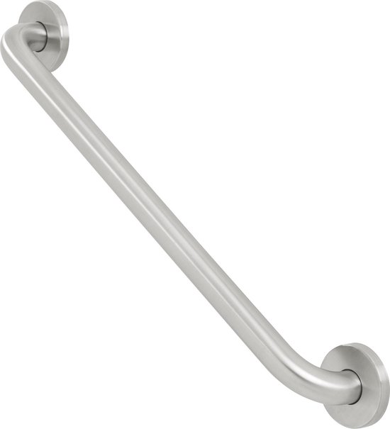 Een geborstelde RVS wandbeugel van 45 cm lang, met een gebogen handvat dat aan weerszijden is bevestigd aan ronde muurplaten.