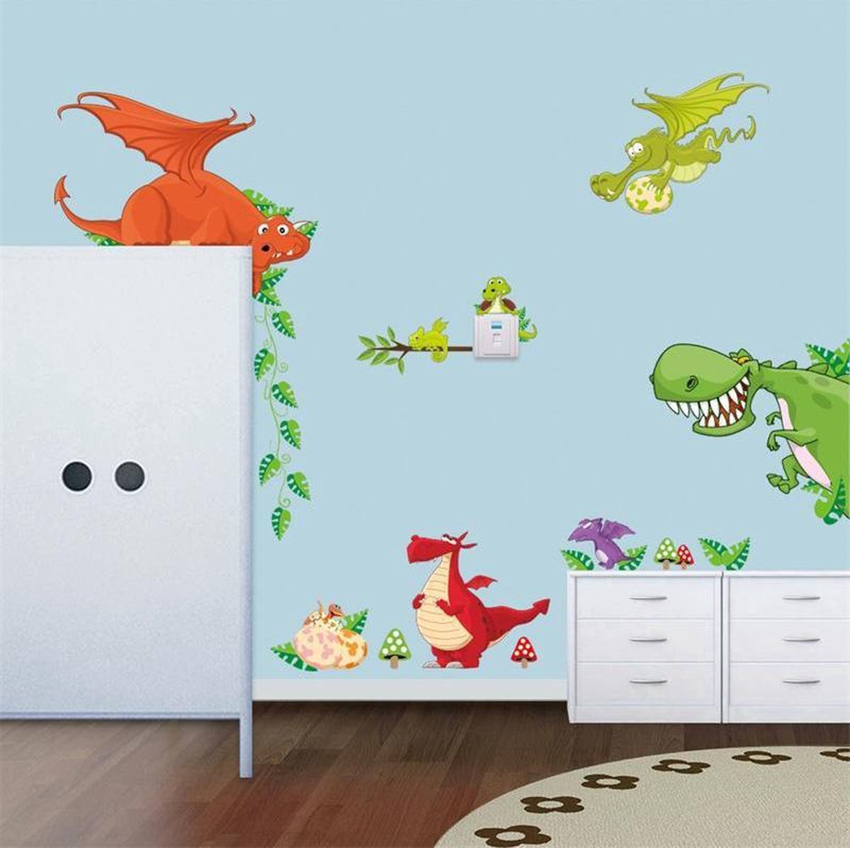 Muursticker met dieren uit de jungle - Muursticker jungle dieren - Muursticker leeuw - Muursticker aap - Muursticker neushoorn - Muursticker wilde deuren - Muursticker wilde dieren - Afmeting L30 x B90 cm