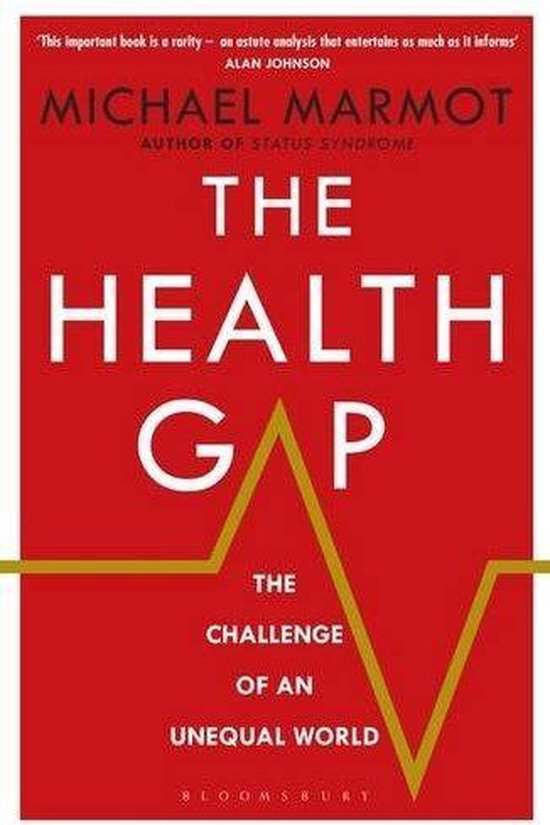 Boek 'The Health Gap' van Michael Marmot met rode kaft en witte letters. Twee gele lijnen lopen diagonaal over de kaft.