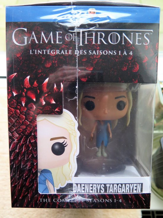 Boîte Blu-ray Game of Thrones avec figurine Daenerys Targaryen Funko pop, incluant les saisons complètes 1-4.