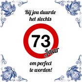 Verjaardag Tegeltje met Spreuk (73 jaar: bij jou duurde het slechts 73 jaar om perfect te worden + cadeau verpakking & plakhanger