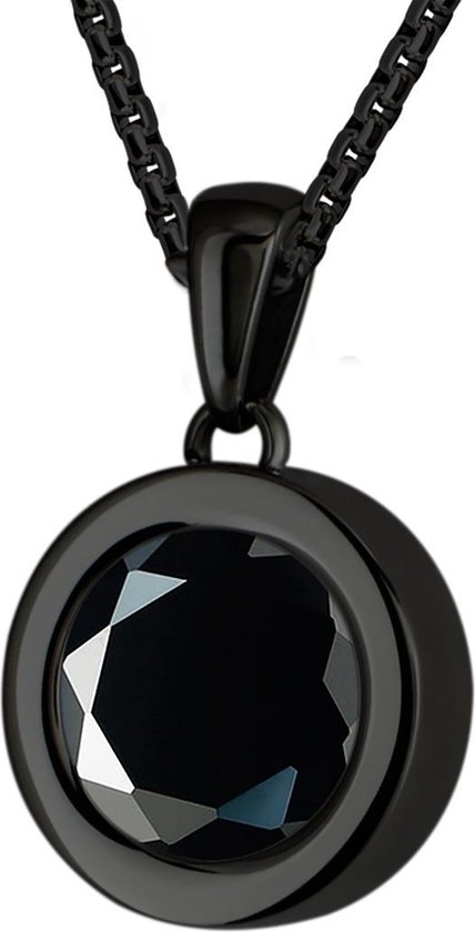 Quiges 12mm Mini Munt Hanger Zwart RVS Glans met Geslepen Zirkonia Zwart Munt en Anker Ketting 42-46cm
