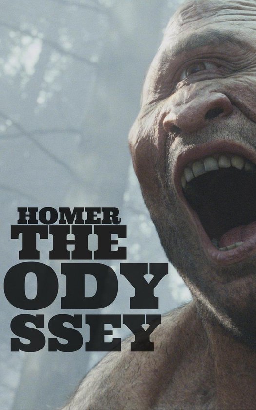 Couverture de 'The Odyssey' avec un gros plan d'un homme en colère, Homer.