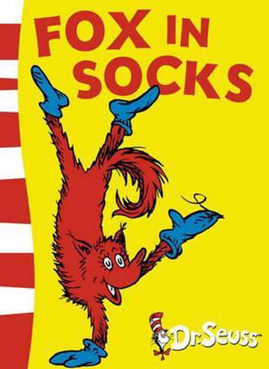 Rode vos in blauwe sokken, staand op handen en voeten, met de titel "FOX IN SOCKS" en het Dr. Seuss logo.