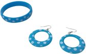 Spaanse armband en oorbellen set - blauw met witte stippen - bij flamenco jurk -